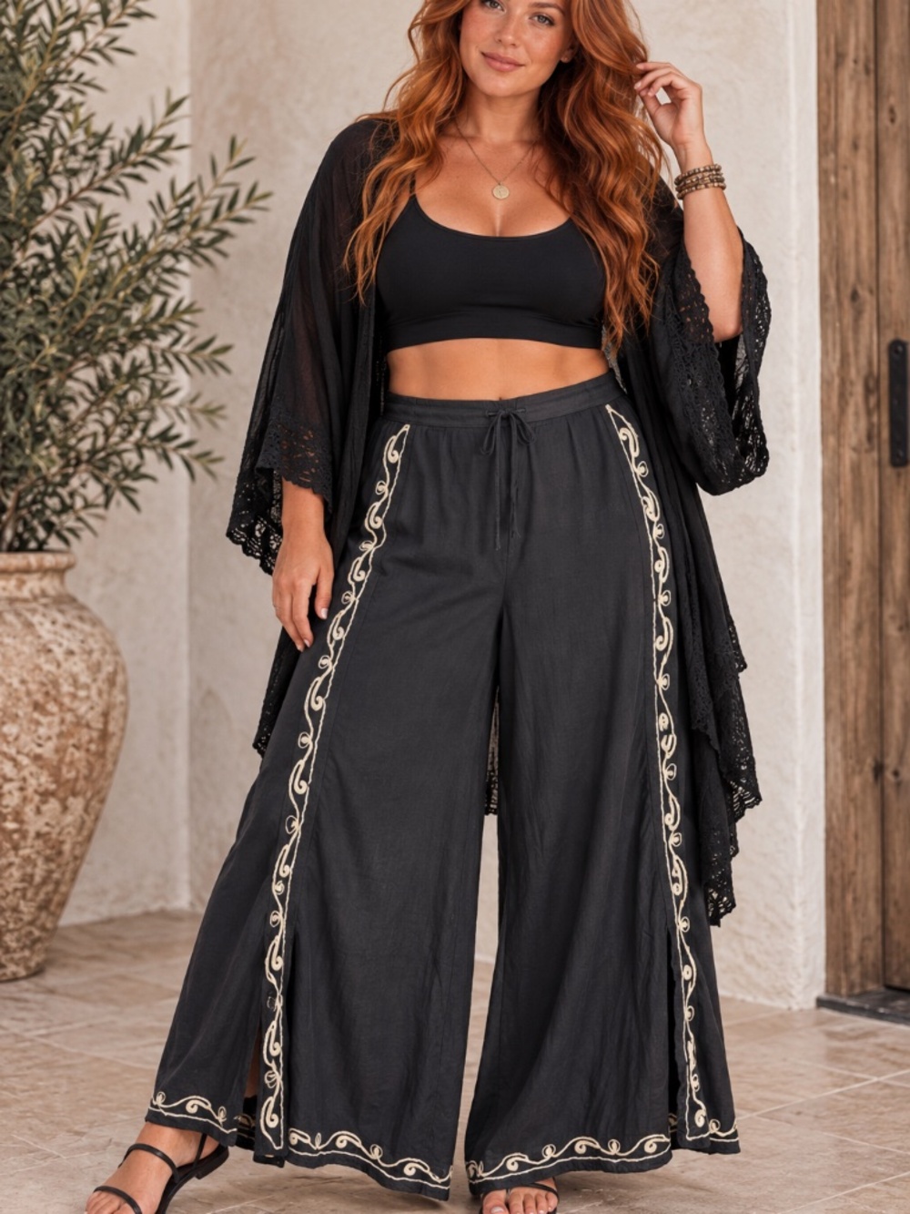 Verillas Vintage Rare medieval-inspired Floralace Flare Pants